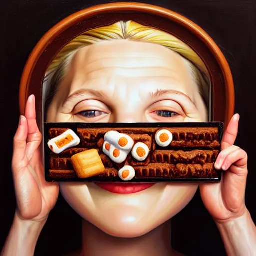 Image similar to drew barrymore face inside! a smore, chocolate, marshmallow graham cracker, digital painting by arcimboldo, rhads