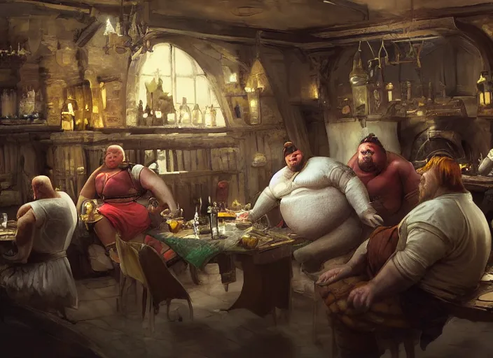 Prompt: medieval obese kingpin sitting in a tavern with his thugs, drinking and cheering, elegant, digital painting, concept art, smooth, sharp focus, illustration, from starcraft by ruan jia and mandy jurgens and artgerm and william - adolphe bouguerea