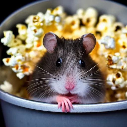 Image similar to a hamster sitting on top of a bucket of popcorn at the movie theater, close up, dslr photo