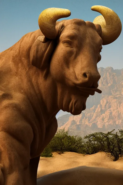 Image similar to an endless desert landscape with lush vegetation in the style of michelangelo with a stone statue of a bull placed in the middle of the foreground, raytracing, 8 k, octane render, volumetric, vivid, beautiful, hyperrealism