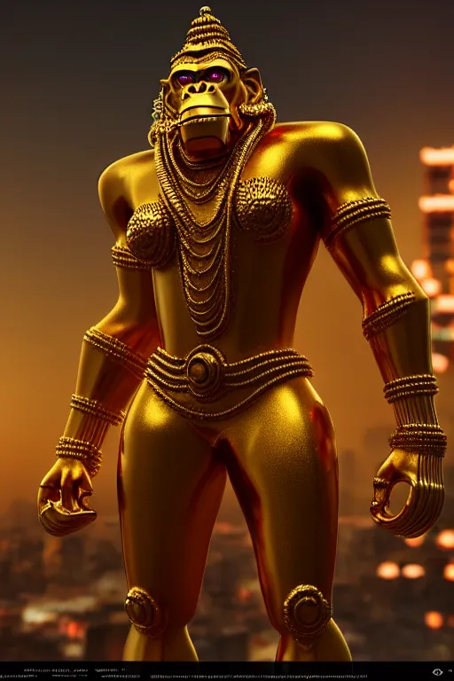 Image similar to high quality 3 d render cyborg gold hanuman! with nose piercings, cyberpunk highly detailed, mumbai in the background, unreal engine cinematic smooth, in the style of blade runner & solaris, hannah yata charlie immer, moody light, low angle, uhd 8 k, sharp focus