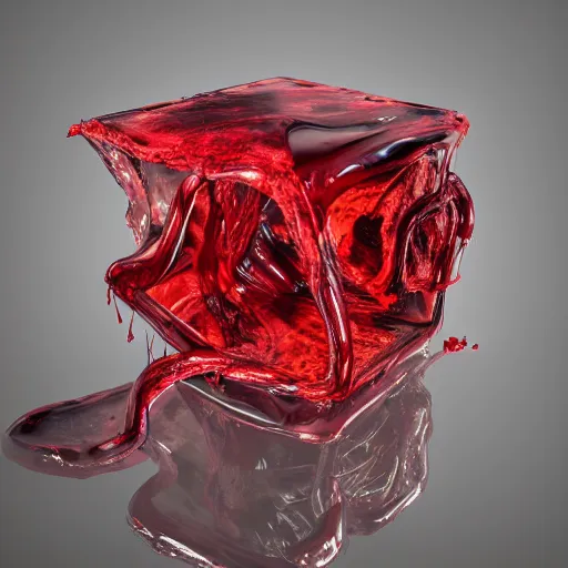 Image similar to twisted scene of a twisted transparent cube half filled with turbulent red liquid inside in a transparent skull