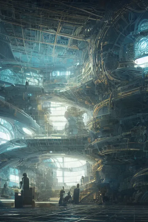 Prompt: Digital concept art, very highly detailed solarpunk Haker that haking siting inside the giant very highly detailed solarpunk computer, by Hiromasa Ogura, very highly Detailed digital concept art by Greg Rutkowski, Dimensional Cyan Gold LED light, rendered in Octane Render