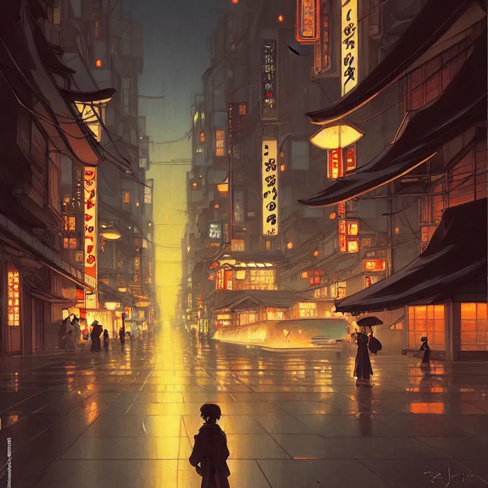 Image similar to empty tokyo at night, winter, in the style of studio ghibli, j. c. leyendecker, greg rutkowski, artem