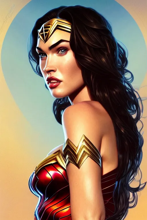 Prompt: portrait of megan fox as wonder woman, dc, intricate, headshot, highly detailed, digital painting, artstation, concept art, sharp focus, cinematic lighting, illustration, art by artgerm and greg rutkowski, alphonse mucha, cgsociety