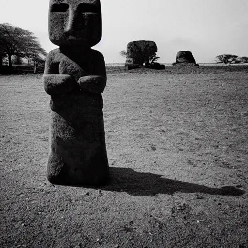 Prompt: black and white noir film with moai