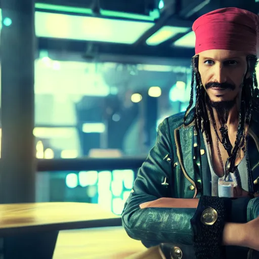 Image similar to a high quality portrait of a pirate in a cyberpunk cafe realism 8k