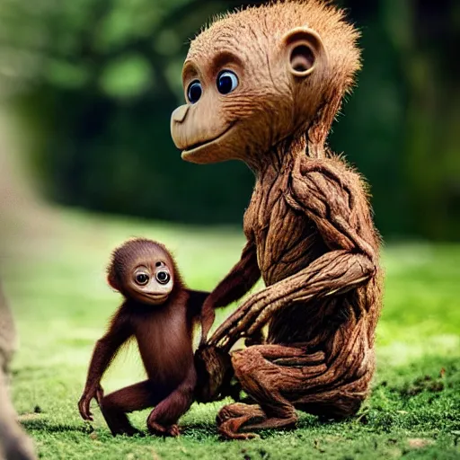 Image similar to Little Groot playing with a baby orangutan by Disney