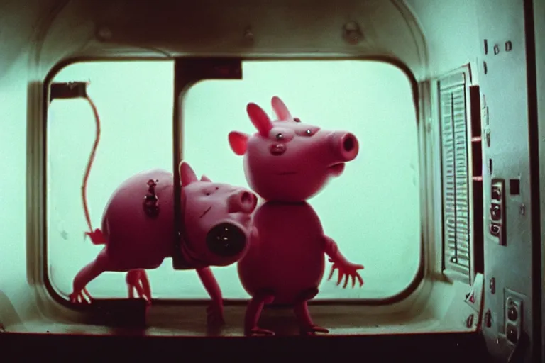 Prompt: peppa the pig as xenomorph from movie alien 1 9 7 9, staying at nostromo spaceship. extreme long shot, cinestill, cold dark colors