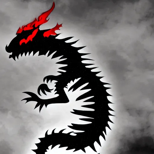 Image similar to black and white dragon, black and red smoke background, minimalist, 8k, award winning, trending on artstation