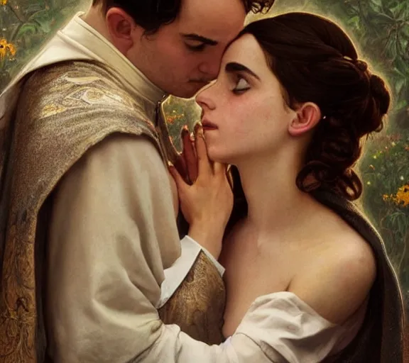 Prompt: photography of a pope kissing emma watson, she has hands - up and hairy armpits, deep focus, intricate, elegant, highly detailed, digital painting, artstation, concept art, matte, sharp focus, illustration, art by artgerm and greg rutkowski and alphonse mucha and gil elvgren