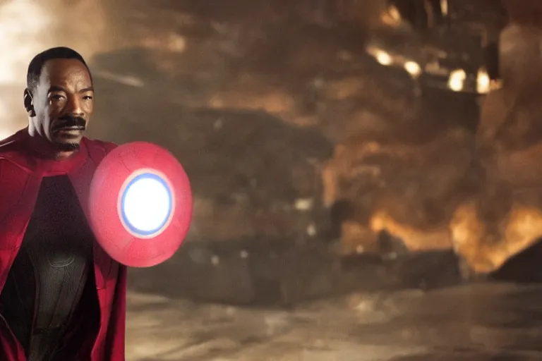 Image similar to a still of eddie murphy as an avenger, marvel superhero, cinematic lighting