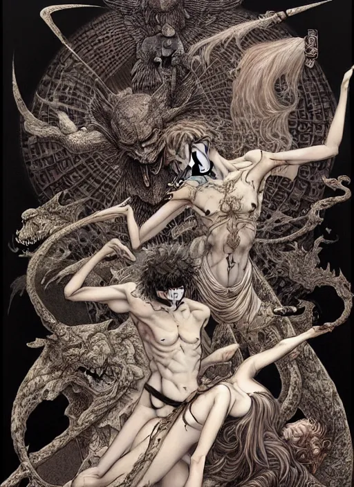 Image similar to battle between good and evil , battle between angels and demons, by and Austin Osman Spare and Takato Yamamoto and Vania Zouravliov and Yoshitaka Amano, high resolution, rendered in octane 3d, ultra detailed