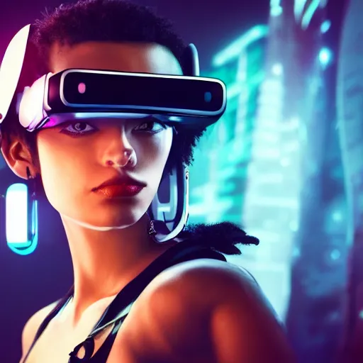 Image similar to a high quality portrait of a beautiful stunning pirate in a cyberpunk cyberpunk cyberpunk cafe wearing a VR visor, realism, 8k, award winning photo