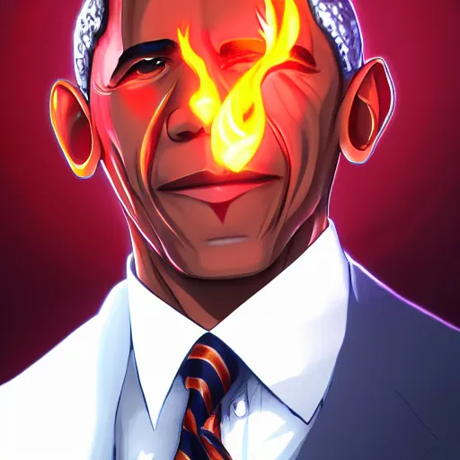 Prompt: portrait of obama the president king of flames aura mode, anime fantasy illustration by tomoyuki yamasaki, kyoto studio, madhouse, ufotable, square enix, cinematic lighting, trending on artstation