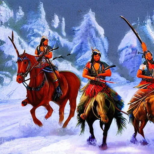 Image similar to digital art savage indians on the warpath riding horses through a rocky creek in the snow