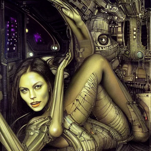 Prompt: epic masterpiece full body portrait a beautiful woman, with a beautiful face and flawless skin, lounging inside a spaceship designed by H.R. Giger, dark background, eerie fog, by Edgar Maxence and Ross Tran and Michael Whelan