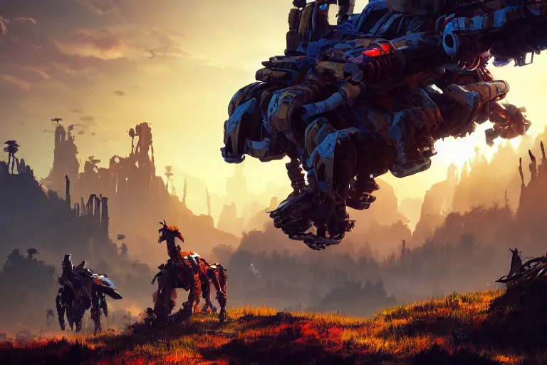 Image similar to scrapper machine mecanical creature robot of horizon forbidden west horizon zero dawn bioluminiscence global illumination ray tracing hdr fanart arstation by ian pesty and alena aenami artworks in 4 k