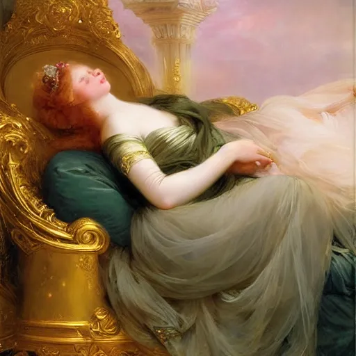 Prompt: blonde beautiful sleeping princess by franz xaver winterhalter and delphin enjolras and rebecca guay