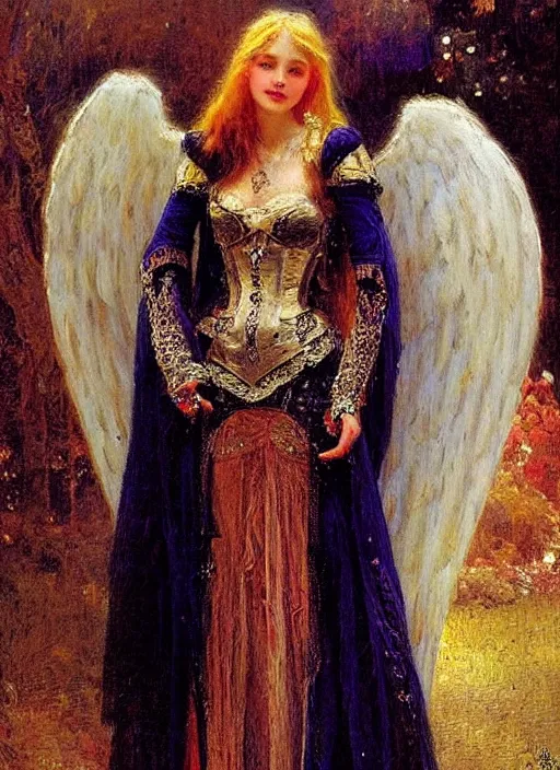 Image similar to vertical prtrait of an angel knight gothic girl, baroque dress. by gaston bussiere
