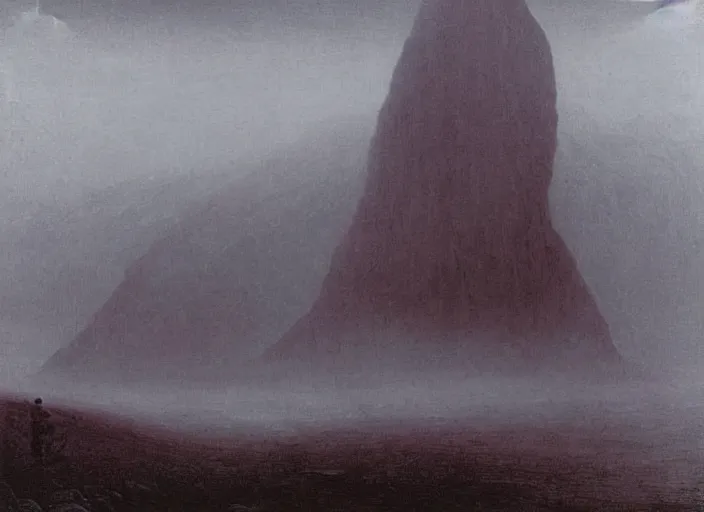 Prompt: the misty landscapes of dementia, abstract shapes and incomprehensible objects, uncanny landscape, familiar and yet foreign, uncertainty, painted by Caspar David Friedrich and Zdzislaw Beksinski