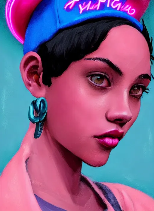 Image similar to portrait of teenage vanessa morgan with bright pink hair, black girl, curly pixie cut hair, wearing newsboy cap, pink short haircut, newsboy cap, hoop earrings, blue eyes, intricate, elegant, glowing lights, highly detailed, digital painting, artstation, concept art, smooth, sharp focus, illustration, art by wlop, mars ravelo and greg rutkowski