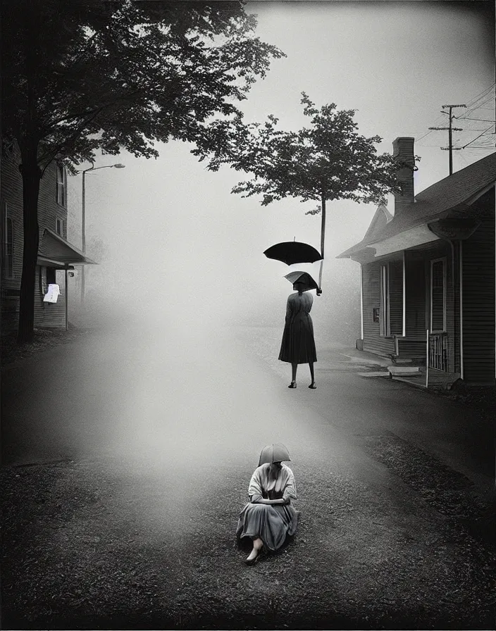 Image similar to “ gregory crewdson, photograph, quiet american neighborhood, a woman waiting holding a transparent umbrella ”