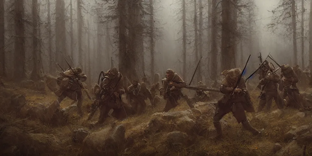 Image similar to a painting of a group of medieval villagers with rifles being attacked by 3 big wolves in a foggy dense forest by greg rutkowski, dark fantasy art, high detail, trending on artstation