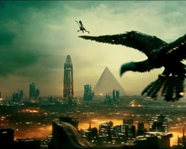 Image similar to a movie still of a gigantic egyptian god fighting a huge eagle in blade runner los angeles, by marvel movies and ilm