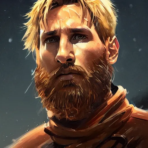 Prompt: portrait of lionel messi by greg rutkowski, mech suit, messy blond hair, beard, tall and muscular, star wars expanded universe, he is about 3 0 years old, wearing a flying jacket, distrustful and arrogant, highly detailed portrait, digital painting, artstation, concept art, smooth, sharp foccus ilustration, artstation hq