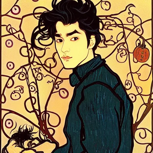 Image similar to painting of young cute handsome beautiful dark medium wavy hair man in his 2 0 s named shadow taehyung and cute handsome beautiful min - jun together at the halloween witchcraft party with bubbling cauldron, melancholy, autumn colors, elegant, painting, stylized, gorgeous eyes, soft facial features, delicate facial features, art by alphonse mucha, vincent van gogh, egon schiele