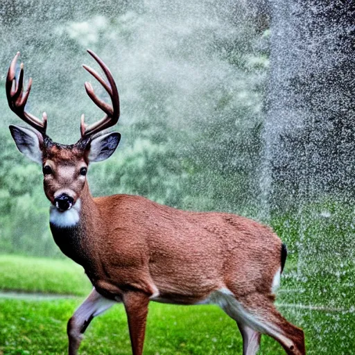 Image similar to 4 k hdr wide angle detailed portrait of a deer as a human instagram model soaking wet standing in the rain shower during a storm with thunder clouds overhead and moody stormy lighting sony a 7