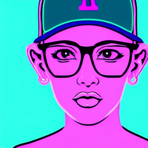 Prompt: illustration of an attractive young woman, wearing a baseball cap, dark hair, blue eyes, thick glasses, symmetrical, thinking, smirking, vector art, vaporwave, blade runner style, cyberpunk, neon lighting, teal, purple, pink