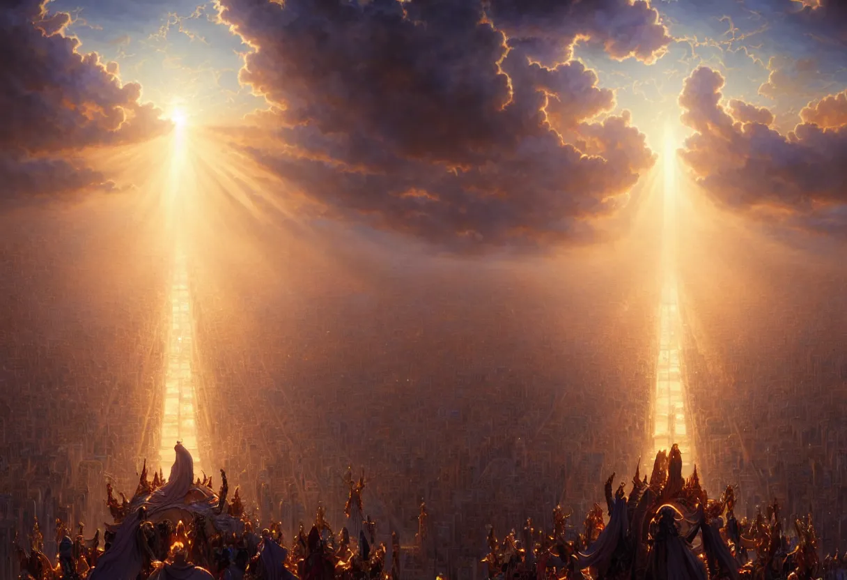 Image similar to opened gates of heaven with millions of people ascending to heaven, biblical, fantasy, intricate, elegant, highly detailed, digital painting, artstation, concept art, smooth, sharp focus, octane render, dramatic lighting, volumetric lighting, cinematic lighting, art by artgerm and greg rutkowski and alphonse mucha and wlop