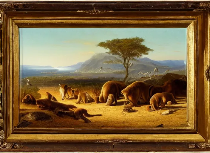 Image similar to the first mammals start to appear after the long impact winters, small mammals explore the new lands of the paleogene era of earth, in the style of hudson river school of art, oil on canvas