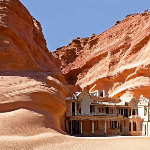 Image similar to a large, victorian mansion covered in sand in a humongous canyon. surreal, dream like