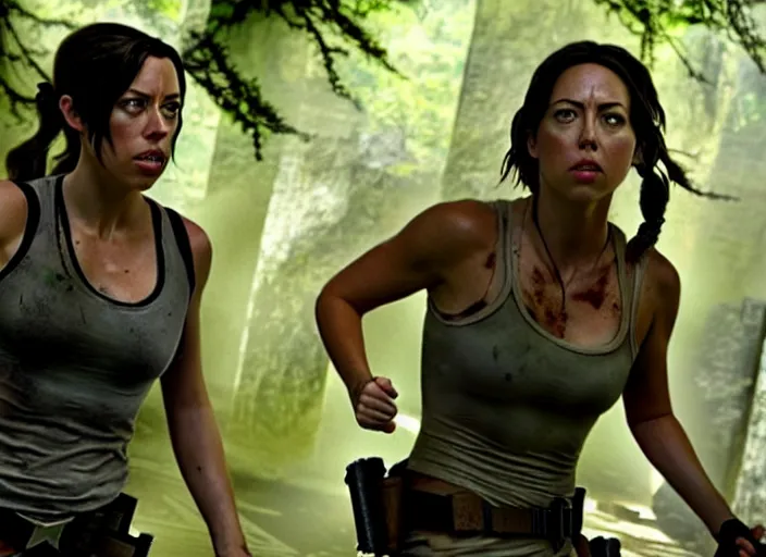 Image similar to film still of aubrey plaza as lara croft in new tomb raider movie, 8 k