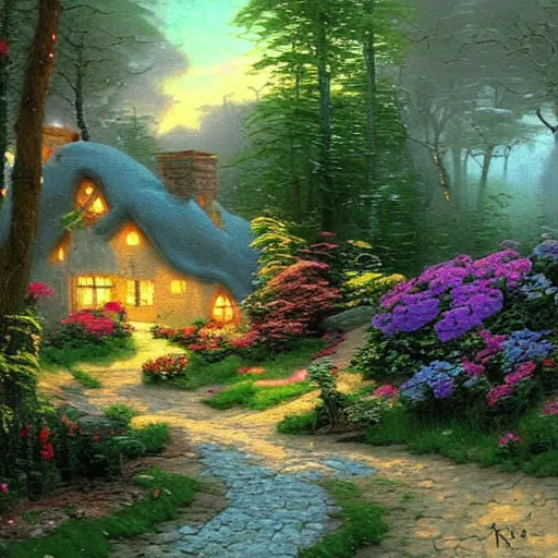 Prompt: a painting of a cottage in the woods by Thomas kinkade