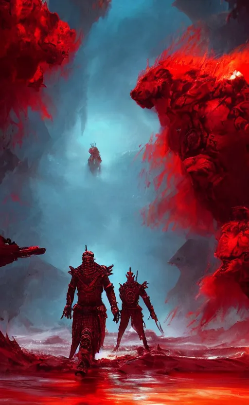 Prompt: a painting of a red sea, a distant armored warrior with a sword in the midground, four large dark figures in the background, cinematic, dramatic, sinister mood, trending on artstation, highly detailed, movie poster, 8 k