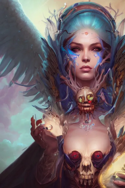 Image similar to face closeup beautiful girl necromancer full of sculls, wizard of the coast casting magic spell, angel, magic storm and thunder clouds, fantasy, magic the gathering, hyper detailed, 3 d render, hyper realistic detailed portrait, peter mohrbacher