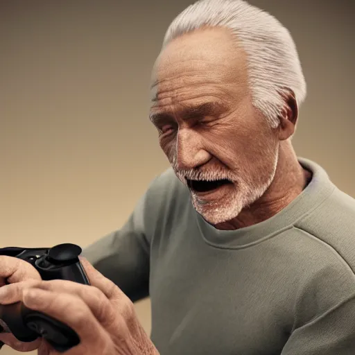 Prompt: Old man having a very intensive video game session, 3D render, high resolution