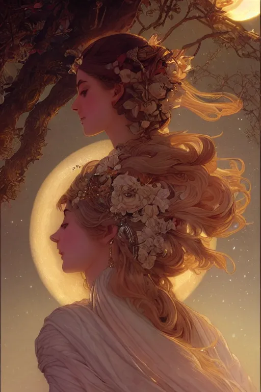 Image similar to goddess of the Moon, elegant, highly detailed, digital painting, artstation, concept art, smooth, sharp focus, illustration, ArtStation, art by artgerm and greg rutkowski and alphonse mucha and J. C. Leyendecker and Edmund Blair Leighton and Charlie Bowater