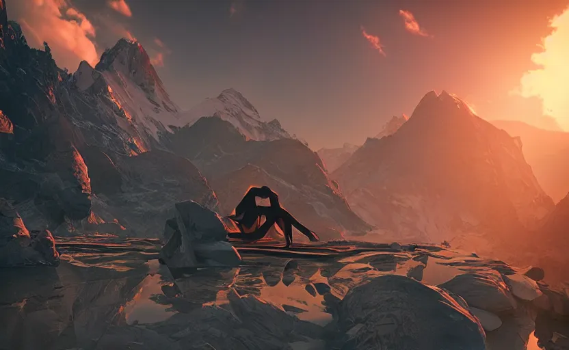 Prompt: Himalayan in a futuristic temple, beautiful flowing fabric, sunset, dramatic angle, dynamic pose, 8k hdr pixiv dslr photo by Makoto Shinkai ilya kuvshinov and Wojtek Fus