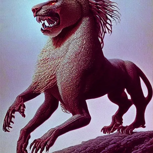 Image similar to griffon concept art, lion body, beksinski, wayne barlowe