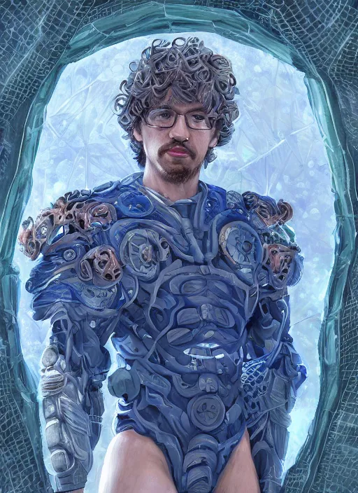 Image similar to portrait of Sam Hyde as a Greek God of a futuristic sigma War, gigachad look, inside future fighter, sci-fi, fantasy, intricate, lush garden spaceship with sakura season flowers in Kyoto Japan, elegant, human anatomy, royal blue and nature light, highly detailed, digital painting, artstation, concept art, smooth, sharp focus, illustration, art by WLOP and Ruan Jia and Mandy Jurgens, masterpiece, 3d blender