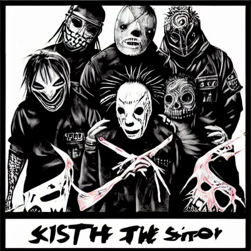 Image similar to slipknot band in the style of dorohedoro