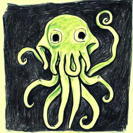 Prompt: “ a child ’ s drawing of himself with his imaginary friend cthulhu ”