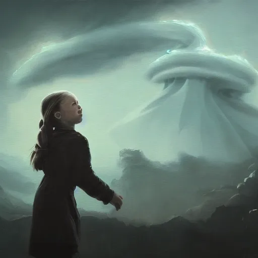 Image similar to abstract painting of giant Greta Thunberg smiling evil emperor of the world emerging in dark clouds, noxious, cosmic horror, evil, dangerous, trending on ArtStation, masterpiece, by Greg Rutkowski, by Ross Tran, by Fenghua Zhong, octane, lightbeam eyes, soft render, clear facial features, oil on canvas, moody lighting, cinematic, professional environment concept art