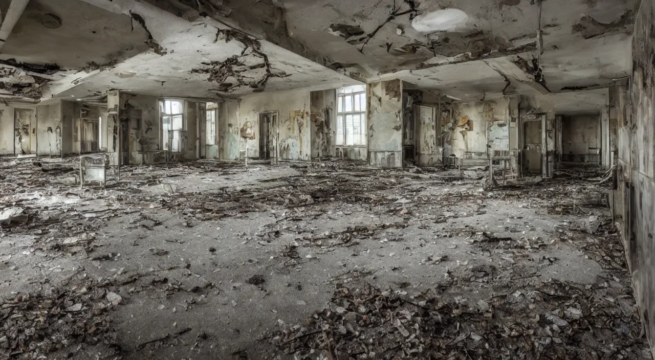 Image similar to photograph of the inside of a rotting abandoned hospital with a checkered floor, dark, no windows, horror | joe biden barely in view in the corner with a demonic grin on his face