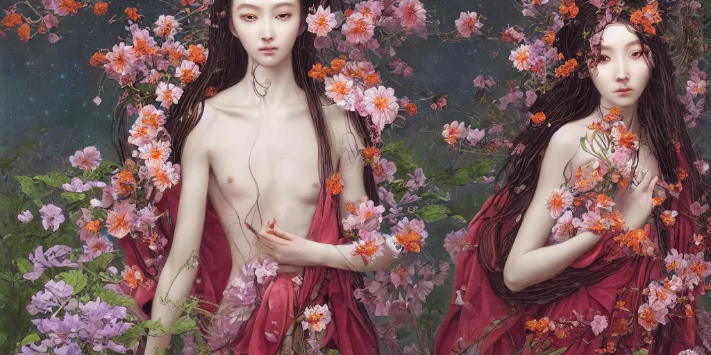 Image similar to breathtaking detailed concept art painting of the goddess of poppy flower, orthodox saint, with anxious, piercing eyes, ornate background, amalgamation of leaves and flowers, by hsiao - ron cheng and john james audubon and miho hirano, extremely moody lighting, 8 k